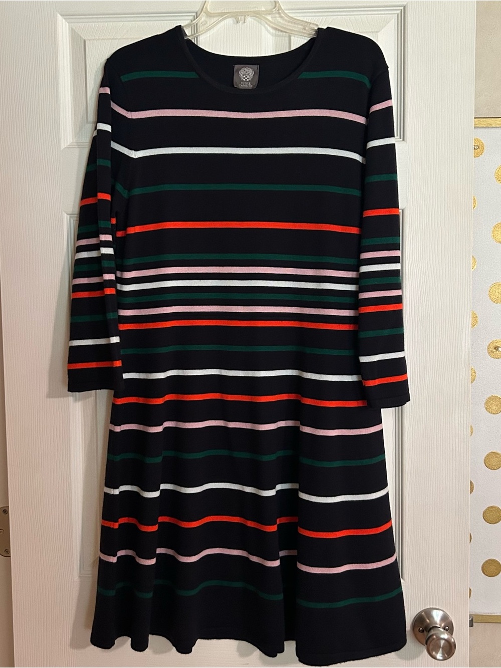 Vince Camuto Black Knit A-Line Sweater Dress with Multicolor Stripes